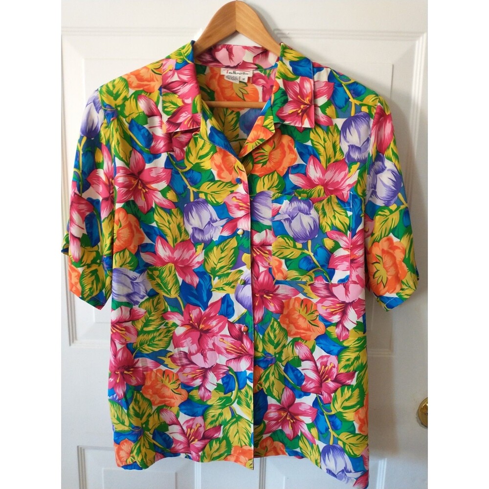 Vintage Talbots Women's 100% Silk Multicolor Floral Button-Down Blouse Size 12